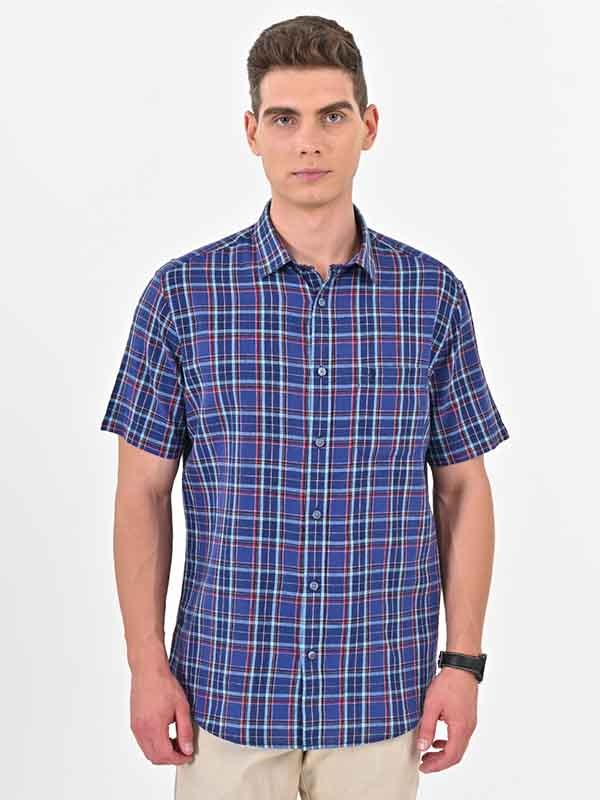 Indian Terrain Men's Regular Fit Half Sleeve Checkered Navy Shirt